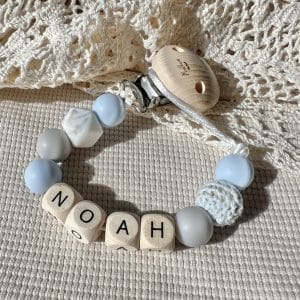 Speenkoord met naam ‘Noah’ - Baby blue/marmer wit/licht grijs