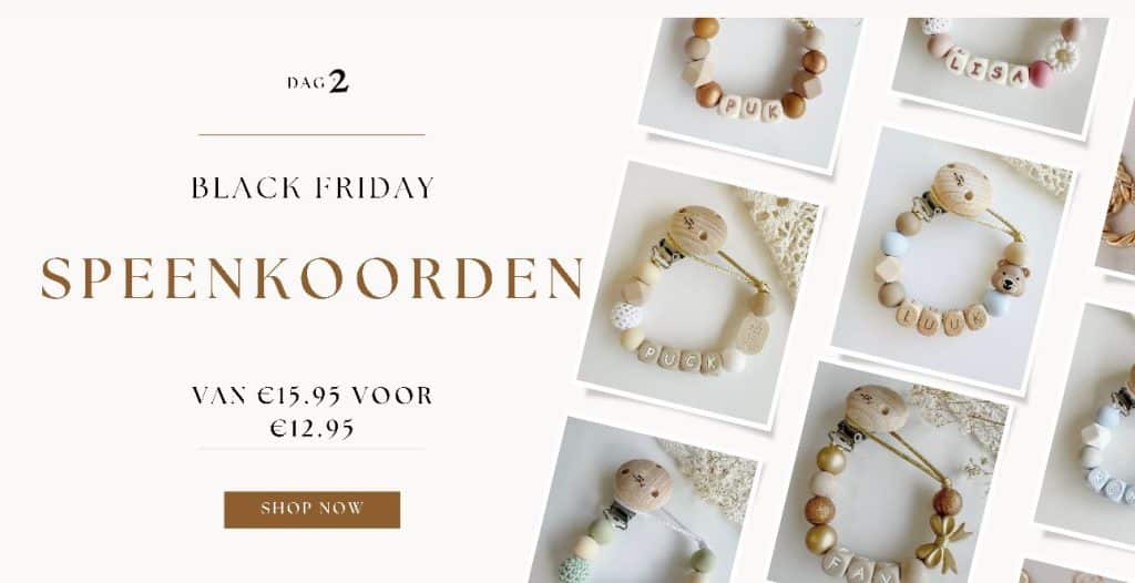 Black Friday Sale bij Musthaves by Kell, alle speenkoorden nu voor 12,95 euro per stuk